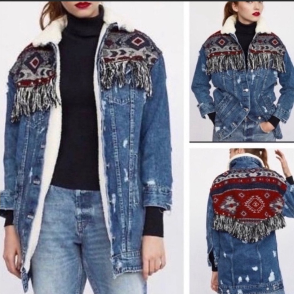 Zara Aztec Distressed Denim Jacket